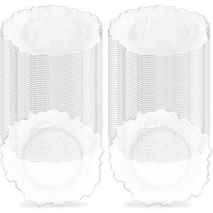 100Pcs Clear Charger Plates Bulk Wedding - 13" Premium Plastic Ruffled Silver Rim Chargers with Flora Reef Design，Decorative Dinner Charger Plates for Events & Parties