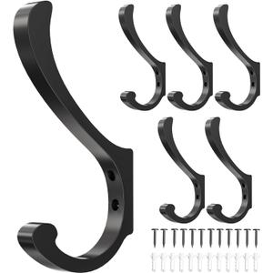 Hanging Coat Hooks Wall Mount - Heavy Duty (30LB), Large Coat Hanger Wall Hangers, Metal Hooks For Towels, Backpacks, Hats, Jackets, Keys, Bags, Robes, Dog Leashes (6 Pack) (Black)