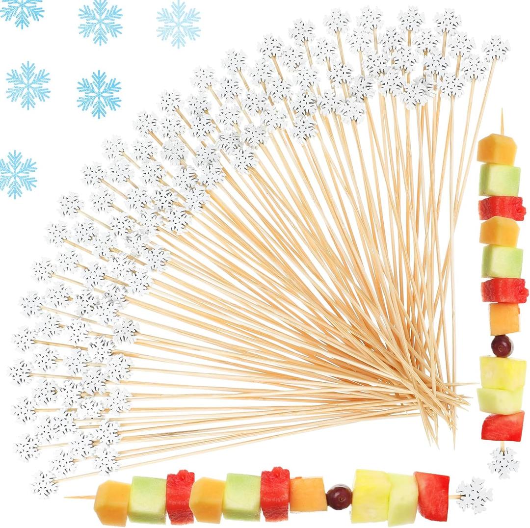 FoldTier 100 Pcs 8 Inch Snowflake Cocktail Picks for Fruit Kabobs Appetizers Cocktail Fancy Bamboo Skewers Sticks Toothpicks Cake Topper for Valentine Galentine Winter Disco Party Decor