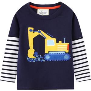Toddler Baby Boy T-Shirt Long Sleeve Excavator Tops Crew Neck Kids Striped Patchwork Fall Infant Tees 2T