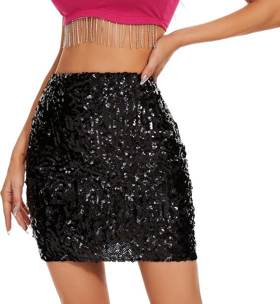 Durio Sparkly Skirt for Women, Sequin Skirt Glitter Skirts Metallic Fringe Disco Festival Outfits for Women Shiny Mini Skirt Black X-Large