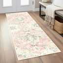 2x6 Ft Washable Kitchen Runner Rug Pink and Green Entryway Runner Vintage Non-Slip Faux Wool Low-Pile Floor Carpet Runners for Hallways Bedroom Bathroom Laundry Room