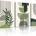 WENGTIAO Boho Sage Green Canvas Wall Art Set of 3, Framed Minimalist Aesthetic Botanical Wall Pictures Geometric Line Plants Leaf Artwork Paintings Room Decor for Bedroom Living Room Office 16"x24"x3