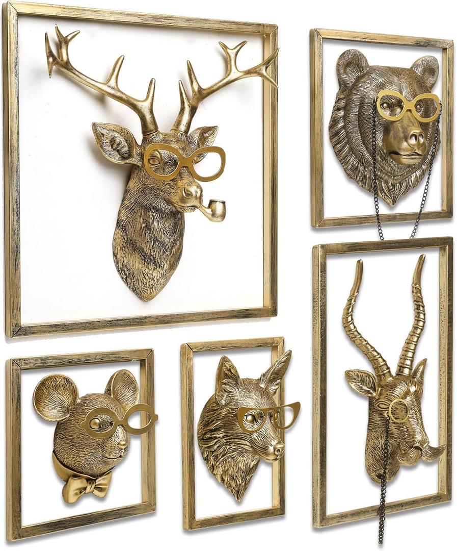 Animal Heads Wall Decor (5pcs, Includes Metal Frame) Resin Animals Sculptures Head Wall Hanging Decoration Gold vintage Wall Sculpture for Living Room Bedroom Office 