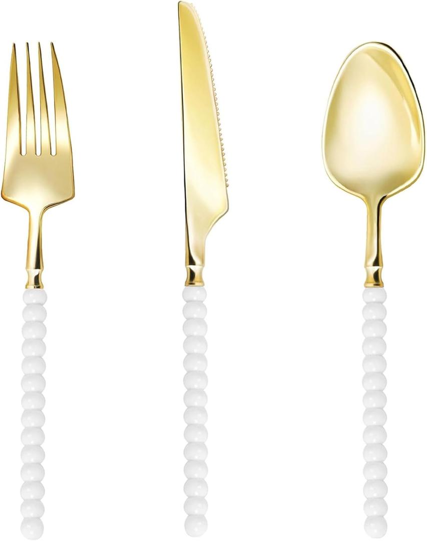 120 Pcs Gold Plastic Silverware,Gold Plastic Utensils with White Beads Handle,Fancy Disposable Cutlery Set Include 40 Forks 40 Knives 40 Spoons for Party & Wedding, White Beads