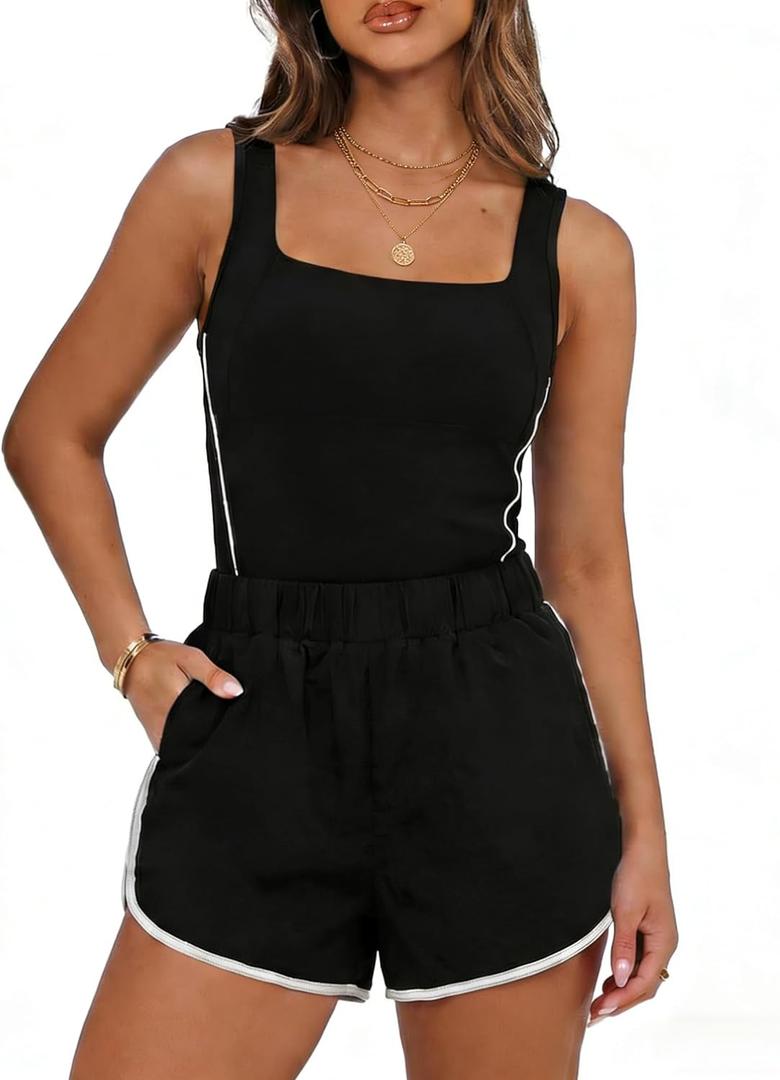 Chunpin Women's Rompers 2026 Athletic Jumpsuits Square Neck Sleeveless Shorts Romper with Pockets One Piece Outfits Summer (Black, XS)