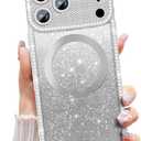 Misscase Magnetic Glitter Case for iPhone 17 Pro Max 6.9 Inch, Camera Protection, Compatible with MagSafe, Rectangle Cute Bling Sparkle Diamond Colorful Phone Cover, Drop-Tested & Shockproof-Silver