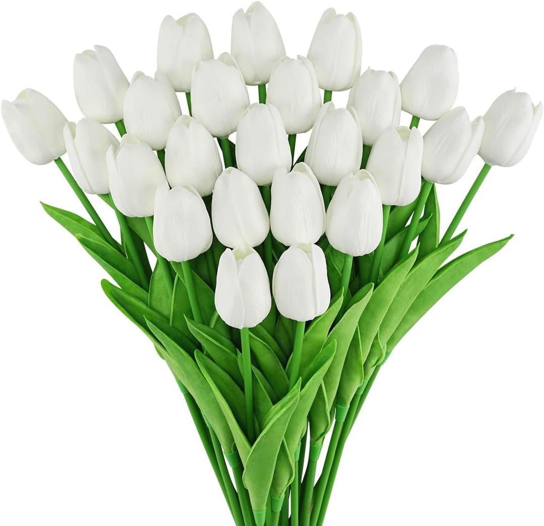24pcs Fake Tulips Artificial Flowers with Stems Latex Real Touch Faux Tulips Arrangement Bouquet for Home Kitchen Wedding Decorations (White)