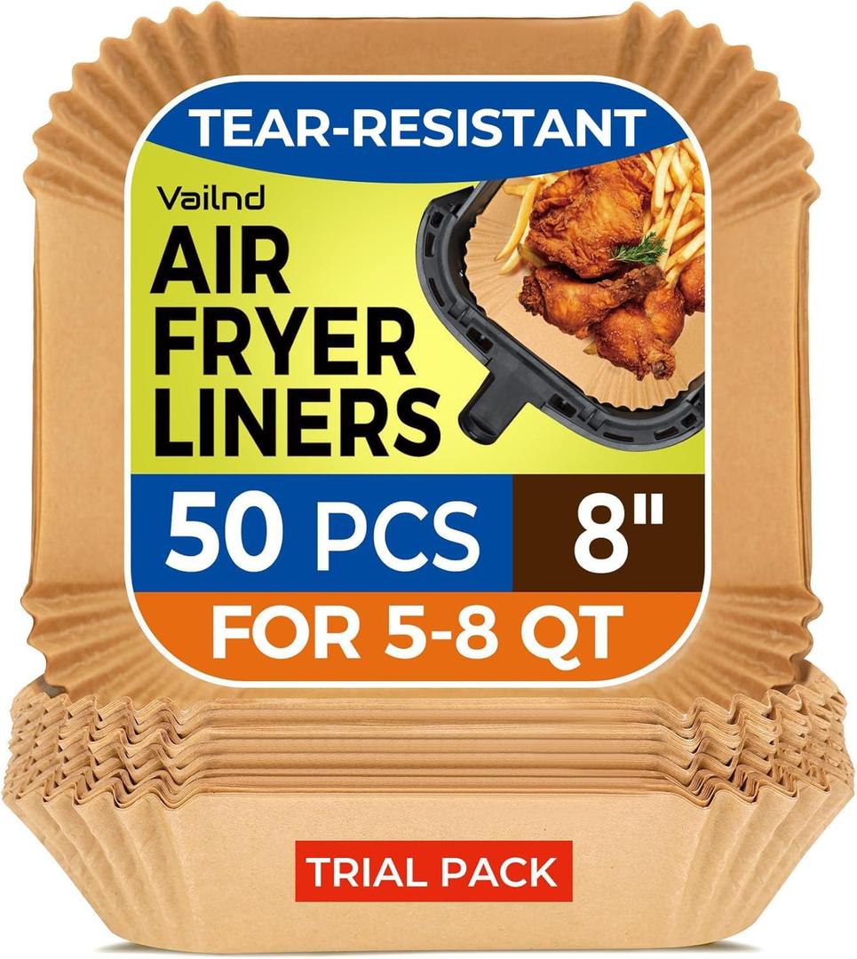Air Fryer Paper Liners, 50 PCS Air Fryer Liners Disposable, 8" Square Baking Liner for 5-8 qt Airfryer Basket, Non-stick and Oil Proof Parchment Paper for Oven, Pans & Baking