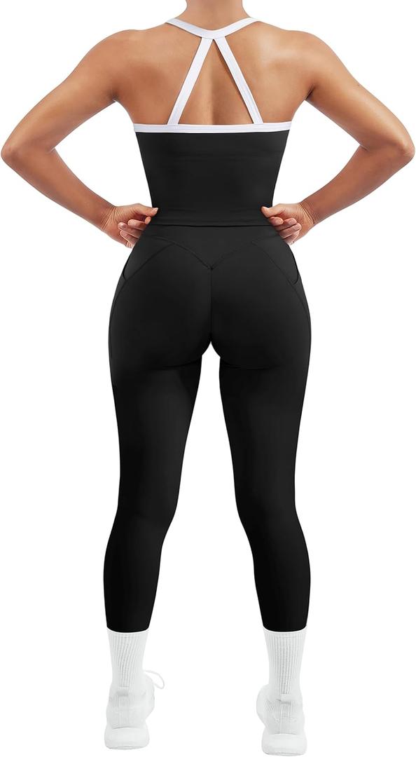 SUUKSESS Women 2 Piece Workout Sets Compression Tummy Control Leggings with Pockets Halter Built in Bra Tank Tops M