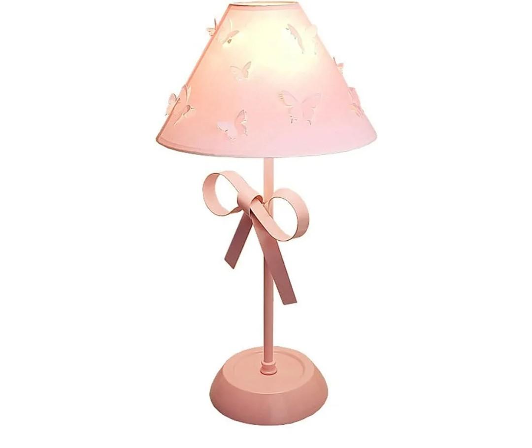 Pink Bow Desk Lamp for Girls Room Nordic Metal Table Lamp for Girl's Bedroom Décor Cute Coquette Table Light with Fabric Stitch Shade Modern Children Bedside Lamp Kids Reading Lighting (Pink)