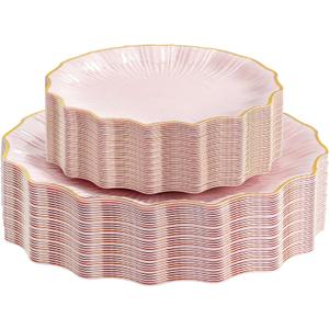 Rubtlamp 60Pcs Pink Plastic Plates - Pink Scalloped Plates with Gold Trim - 30 Dinner & 30 Dessert Platos, Heavy-duty Gold Plates for Party, Wedding&Mothers Day (30 Guests)