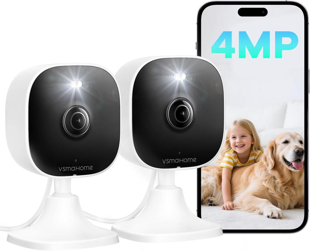 VSMAHOME 4MP Outdoor Indoor Cameras for Home Security, Outdoor Security Camera Indoor, 2.4g/5g Cameras for House/Pet/Baby, Plug and Play, Support 128G Card Storage (Not Included), Wired, 2PCS