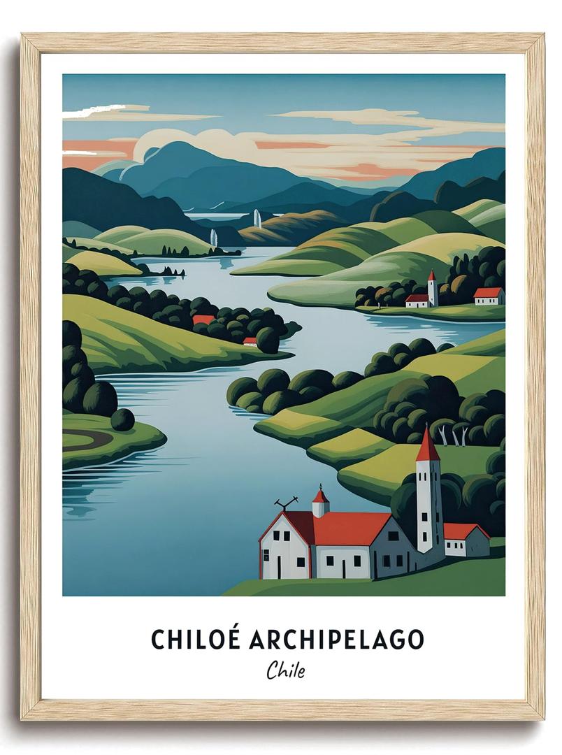 KISSFOX OAK Wood Framed Wall Art Chiloé Archipelago Wall Decor Chile Canvas Art Landscape Pictures Rivers Scenery Paintings Travel Posters Aesthetic Artwork For Bedroom Office Living room
