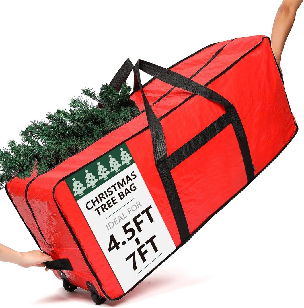 HOMEST Christmas Tree Storage Bag, Fits for 4.5-7 ft Xmas Artificial, Zippered Bag with Reinforced Carrying Handles and Wheels, Red (Bag Only)