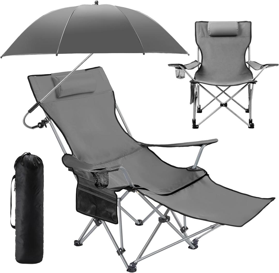 2-in-1 Reclining Camping Chair with 360° Umbrella Folding Lounge Beach Chair with Footrest and Universal Clamp UPF 50+ Adjustable Umbrella Portable Lightweight Seating for Adults Outdoor