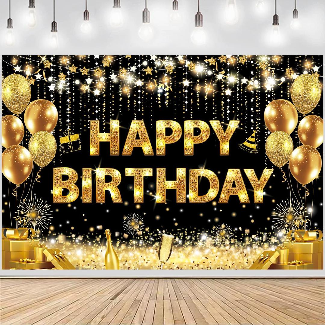 Happy Birthday Banner - Birthday Decorations for Men Women Birthday Party Banners Welcome Happy Birthday Background Sign for Theme Party Decorations Indoor Outdoor Black Gold (BG-222)