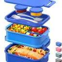 DaCool Bento Box Adults Lunch Container - 74 OZ Stackable Leakproof Bento Lunch Box for Adults Men Boys Teens Large Lunch Box Containers with Fork Spoon Sauce Boxes for Work School Dining Out, Blue (5-Blue)
