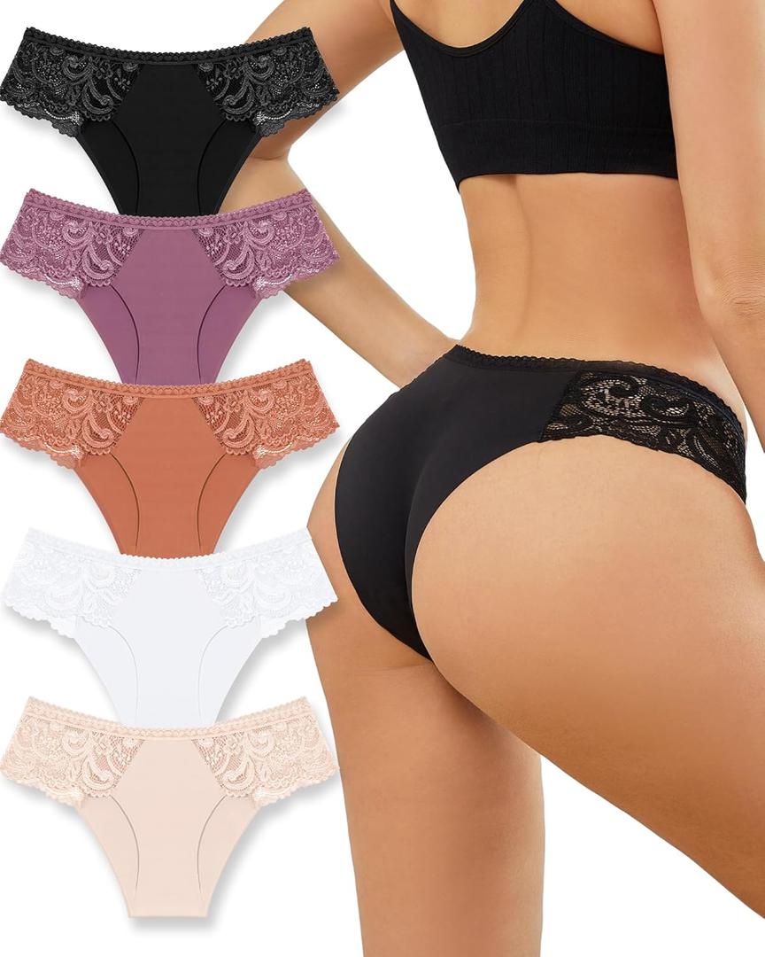 Sexy Underwear for Women Lace Silky Seamless No Show Undies Low Rise High cut Bikini Hipster Cheeky Panties 5 Pack (M)