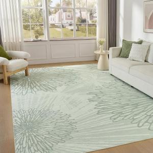 Green Rug Living Room Rugs: 12x15 Washable Large Neutral Soft Stain Resistant Non Slip Indoor Floor Carpet for Bedroom Nursery Kids Playroom Office Dining Room Home Decor Modern Floral Pattern