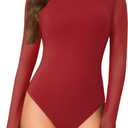 LYANER Women's Basic Mock Neck Stretch Sheer Mesh Long Sleeve Bodysuit Leotard Top (X-Large, Burgundy)