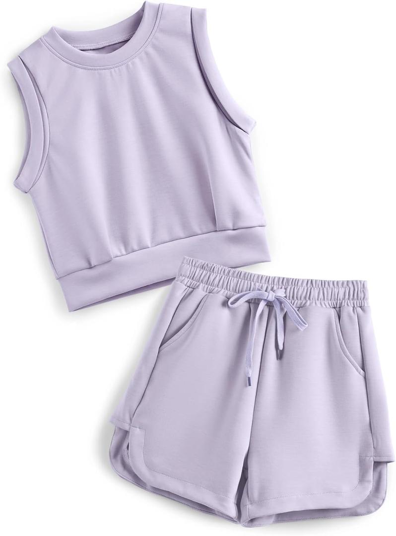 Girls 2 Piece Outfits 2025 Trendy Clothes Summer Cute Sleeveless Tops Shorts Clothing Sets Activewear (Purple)