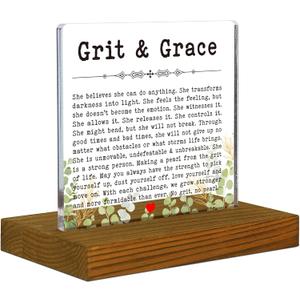 Grit and Grace Plaque for Men Women - Cheer Up, Sobriety, Recovery, Starting Over Gift - Encouragement for Friend - Acrylic Desk Sign With Wood Stand - FSA033