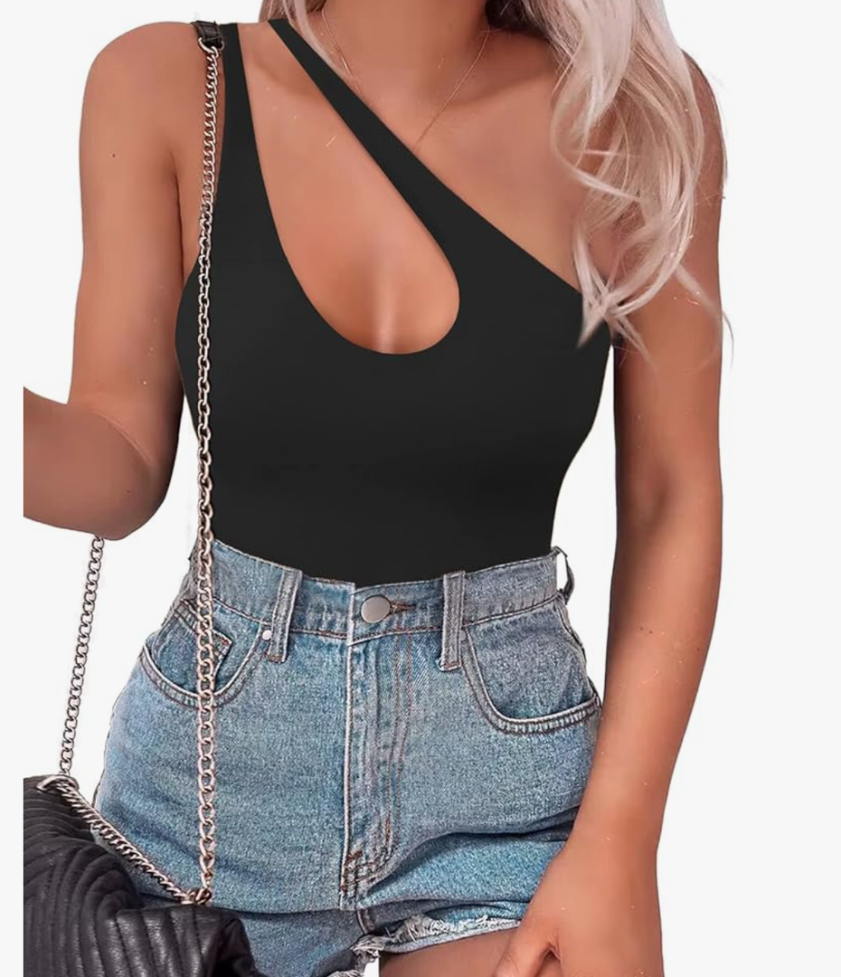 SAUNGKUAI Women's Sexy One Shoulder Sleeveless Cutout Thong Bodysuit Tank Top Body Suits V Backless Tummy Control Shapewear, S