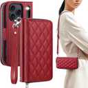 OCASE for iPhone 17 Pro Crossbody Wallet Case  Stylish PU Leather Handbag Phone Purse with Zipper Closure, Card Slots & RFID Blocking  Wrist Strap, Lanyard, Kickstand  Diamond Check Red