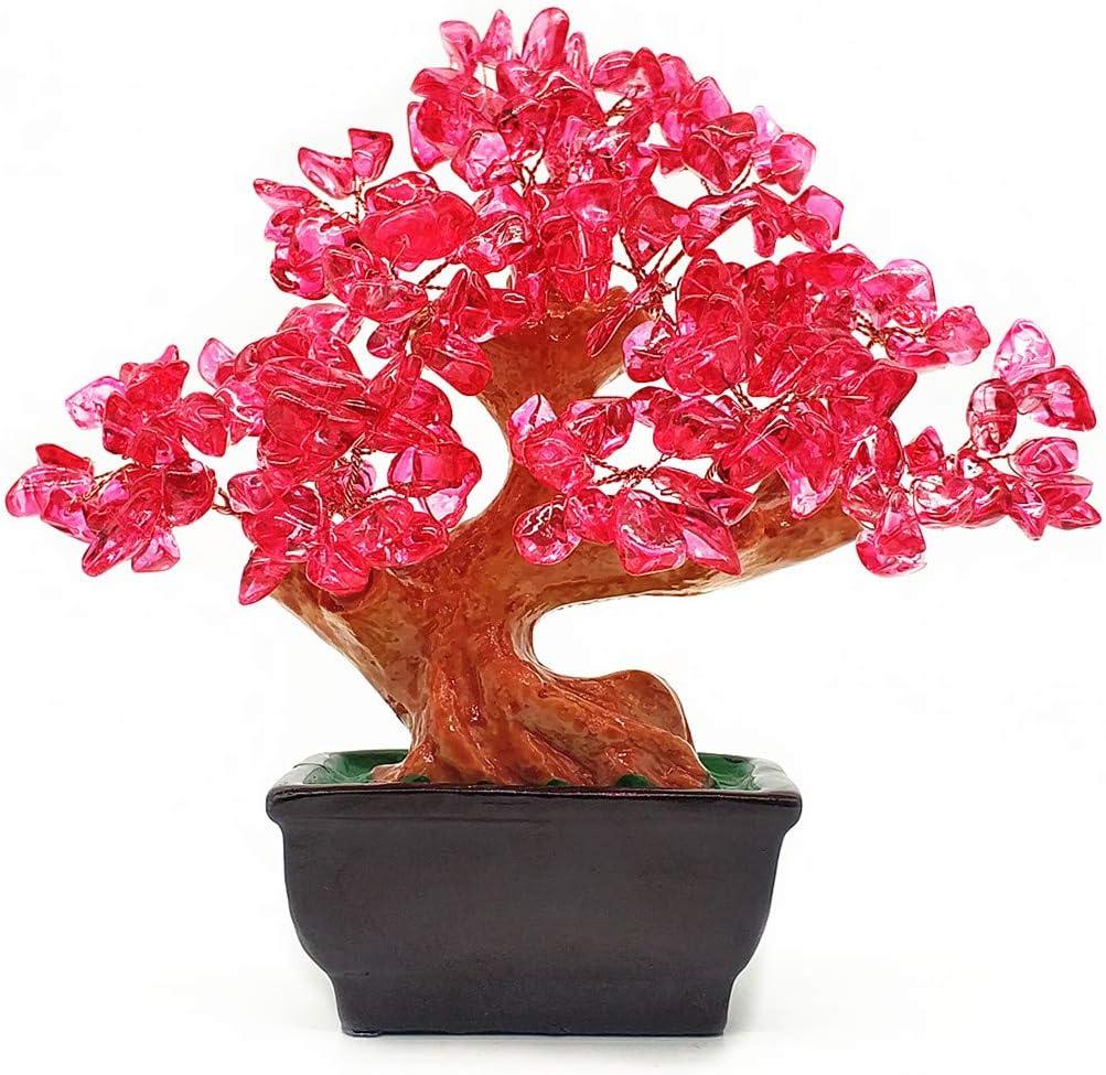 Colorsheng Feng Shui Quartz Crystal Money Tree Bonsai Style Decoration for Luck and Wealth (Red)