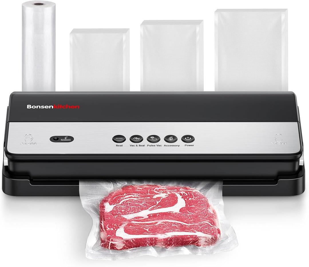 Bonsenkitchen Vacuum Sealer, Multi-Functional Food Sealer with 1 Roll Bag+ 50 Bags, Fast-Compact Design | Bag Storage | Built-in Cutter, External Vacuum System & Accessory Tube, Silver