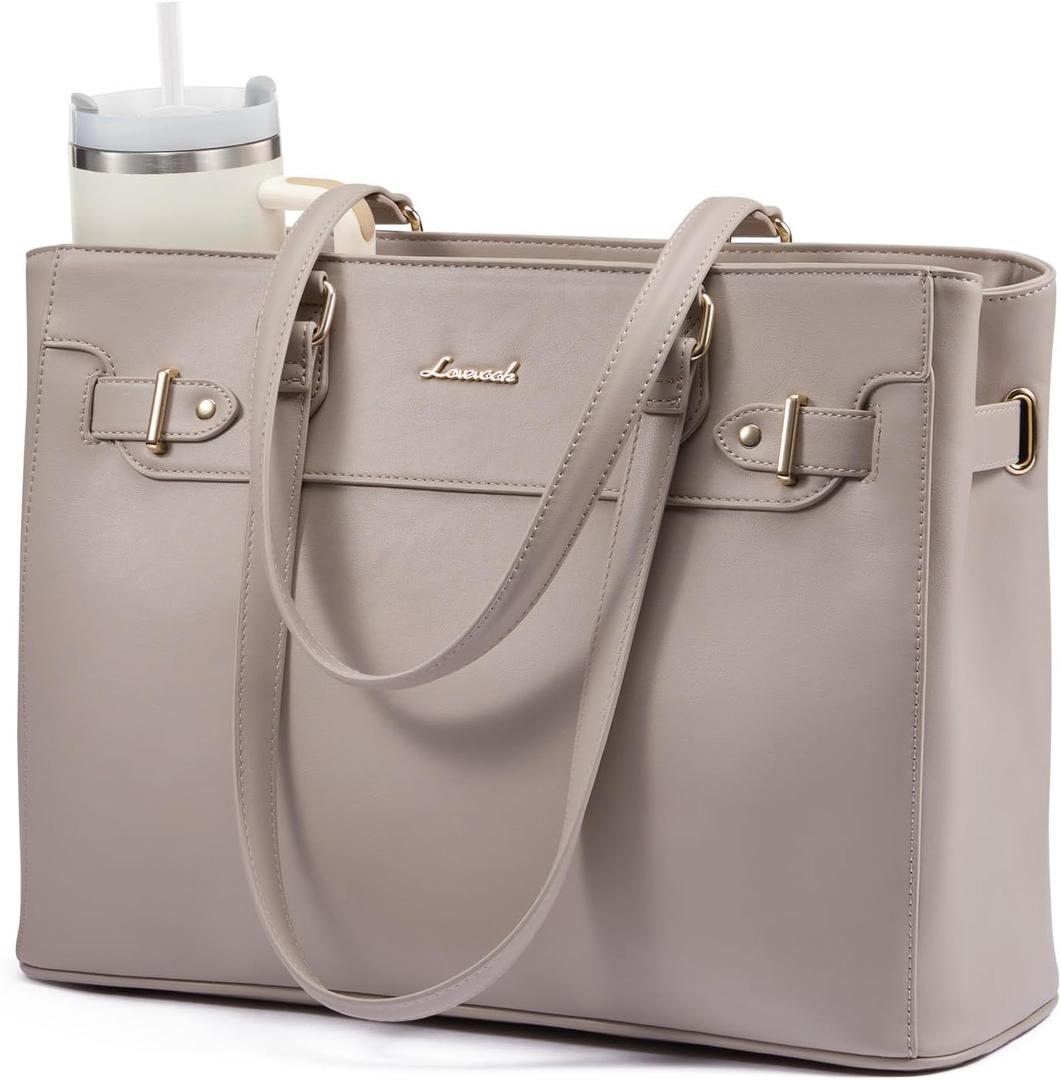 LOVEVOOK Laptop Tote Bag for Women Work, Teacher Tote Bag with Large Cup Holder, 15.6 Inch Waterproof Leather Computer Bag (Taupe)