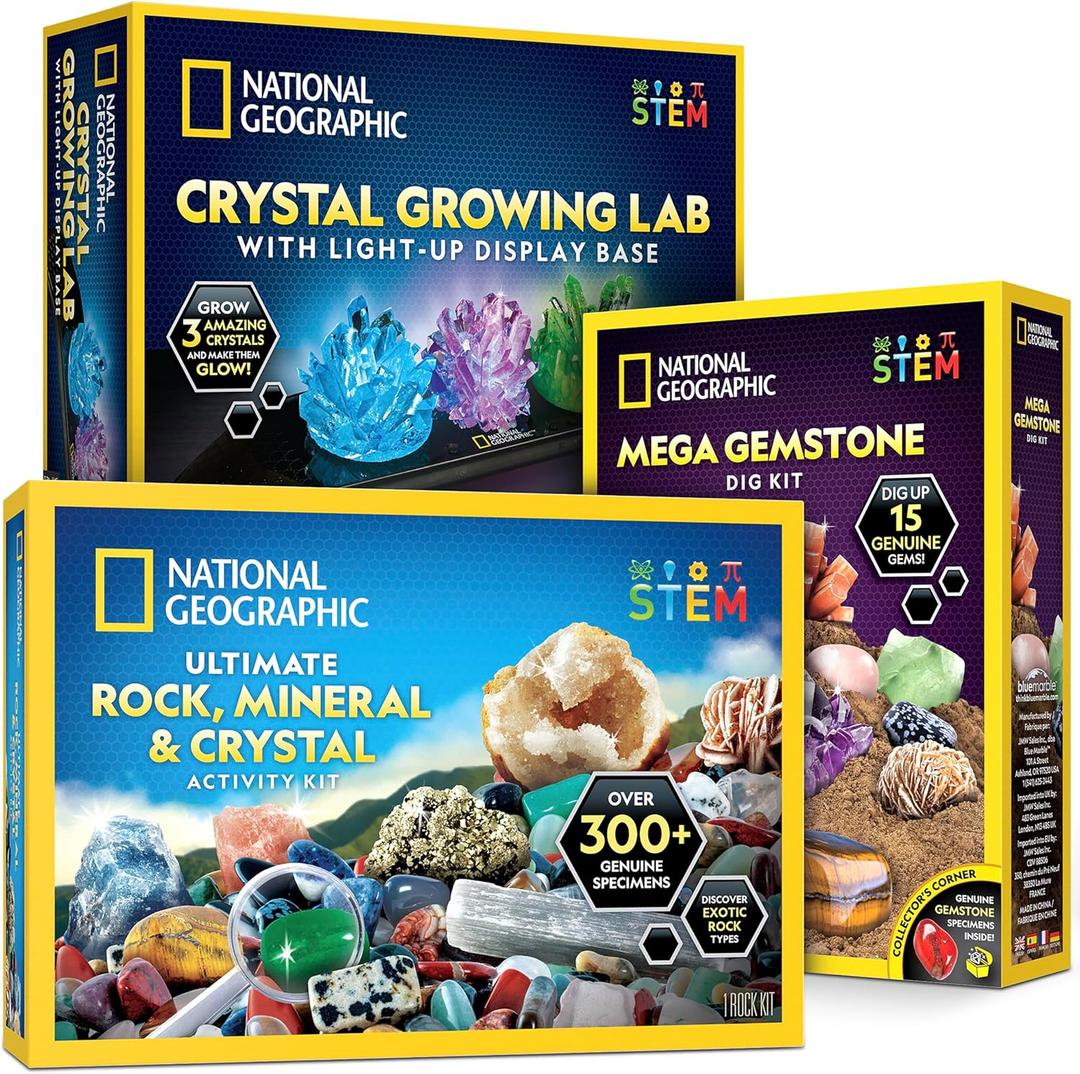 National Geographic Geology Bundle Including Rock Collection Box for Kids, Crystal Growing Kit, and Gemstone Dig Kit, Real Gemstones and Crystals, Science Kit for Boys and Girls  National Geographic Geology Bundle Including Rock Collection Box for Kids, Crystal Growing Kit, and Gemstone Dig Kit, Real Gemstones and Crystals, Science Kit for Boys and Girls