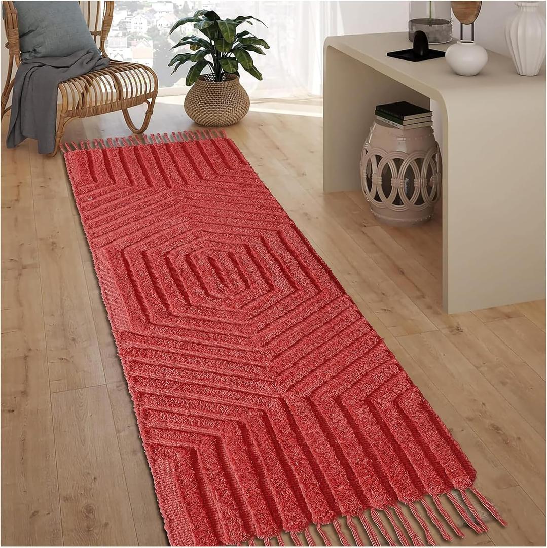 Boho Runner Rug 2x6' Washable Kitchen Rugs with Tassels Indoor Farmhouse Rugs for Bedroom Aesthetic Tufted Rug for Laundry Room Doorway Living Room_Rust Bricks
