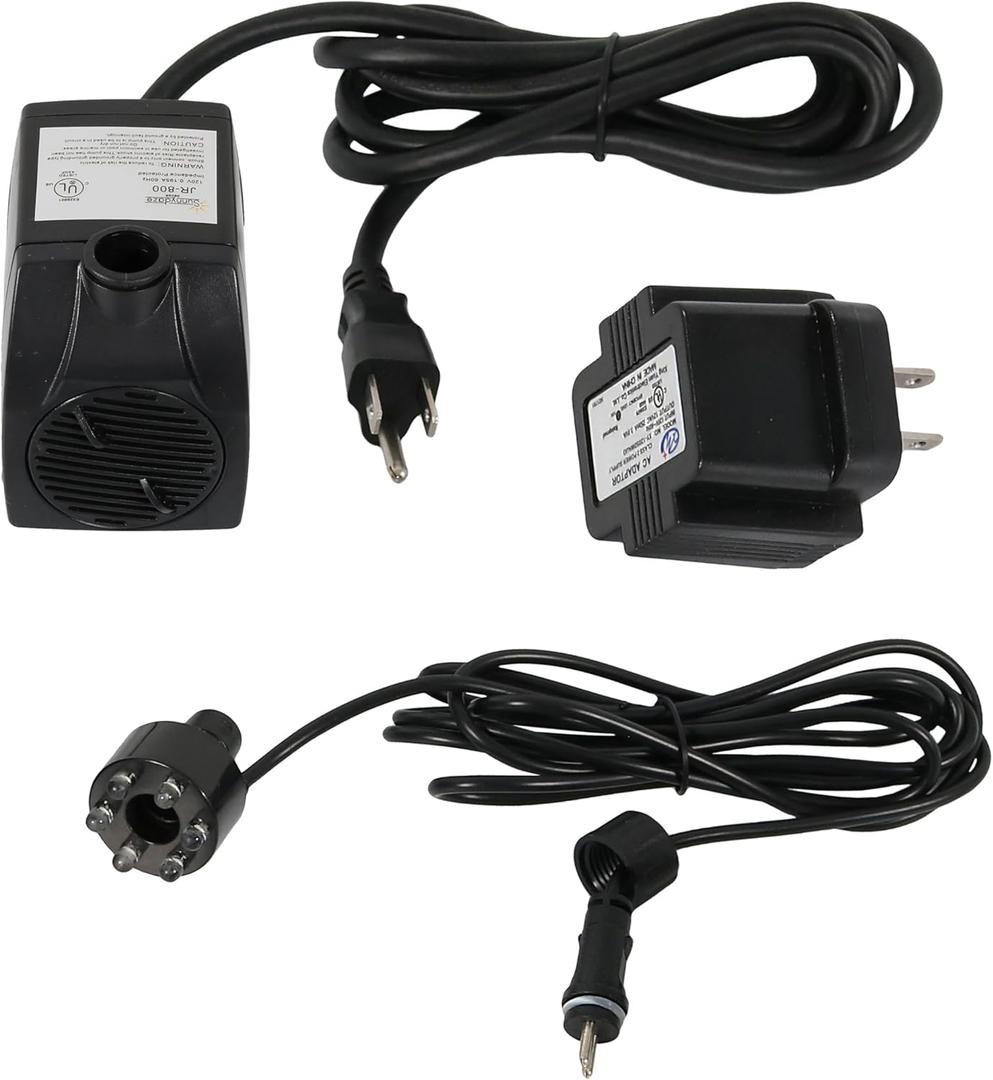 Sunnydaze 200 GPH Submersible Water Pump  12W, 12V Small Fountain Pump with Adjustable Flow, White LED Light & Transformer for Outdoor Fountains, Bird Baths, Aquariums