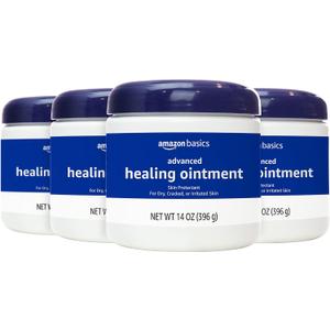 Amazon Basics Healing Ointment & Skin Protectant for Dry & Cracked Skin and Chapped Lips, Fragrance Free, 14 Oz (Pack of 4)