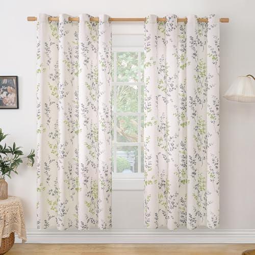 BGment Linen Curtains for Living Room 72 Inch Length 2 Panels Floral Leaf Pattern, Light Filtering Window Privacy Curtains for Bedroom Boho Farmhouse Vintage, Each 52 Inch Wide, Sage Green