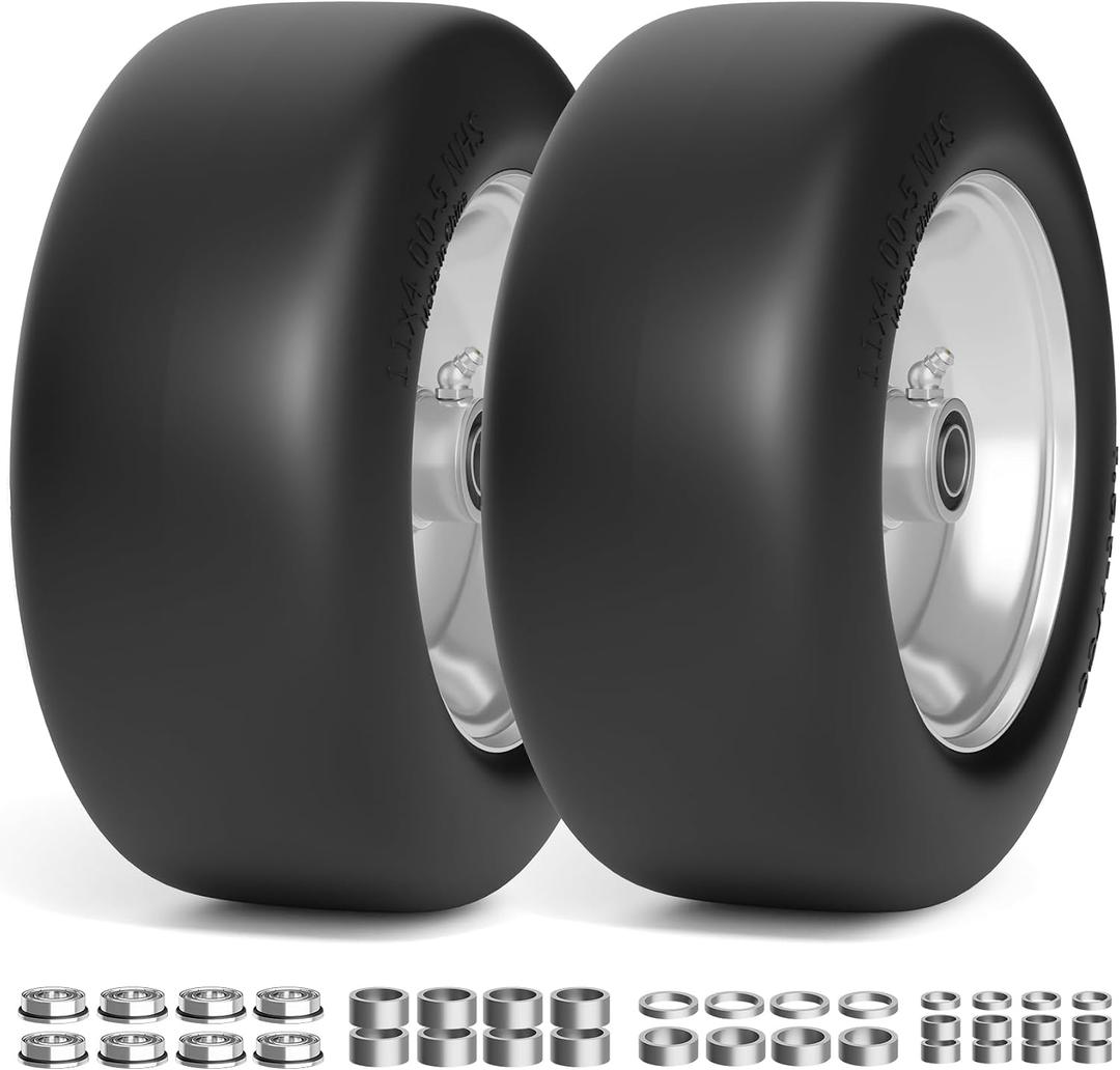 RONPOW 11x4.00-5 Lawn Mower Tires Flat Free and Wheel, 11x4-5 Solid Front Tires for Zero Turn Mower, 350Lbs Load, 3/4", 5/8" and 1/2" Bearings, 3.4"-5.8" Hub for Residential Commercial, 2Pack Gray