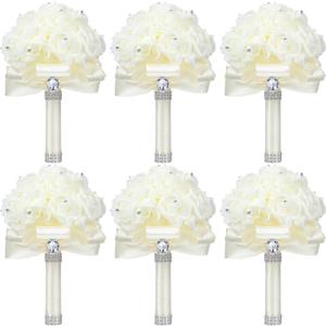 Jutom 10 Pack Wedding Bouquets for Bride Roses Bridesmaid Bouquet Bridal Bouquet Flowers Wedding Hand Holding Bouquet with Diamond Soft Ribbons for Engagement Bridal Shower Church Party (Cream)
