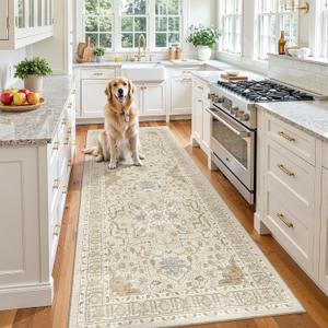 Madane Hallway Runner 3x8, Kitchen Rugs Washable Entryway Rug 8ft Vintage Kitchen Runners Non Slip Indoor Area Rug Farmhouse Carpet Runner for Bathroom Living Room Bedroom (3 X 8, Beige/Blue)