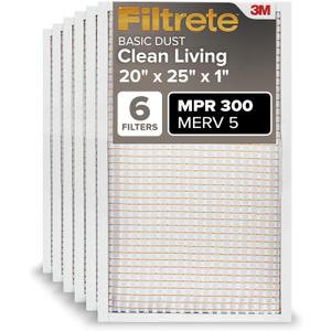 Filtrete 20x25x1 AC Furnace Air Filter, MERV 5, MPR 300, Capture Unwanted Particles, 3-Month Pleated 1-Inch Electrostatic Air Cleaning Filter, 6-Pack (Actual Size19.69x24.69x0.81 in)