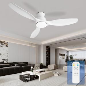52" White Low Profile Ceiling Fan with Lights and Remote | Flush Mount, ABS Blades, Dimmable, 6 Speed, Quiet DC Motor, Timer, Modern, For Bedroom Living Room Farmhouse