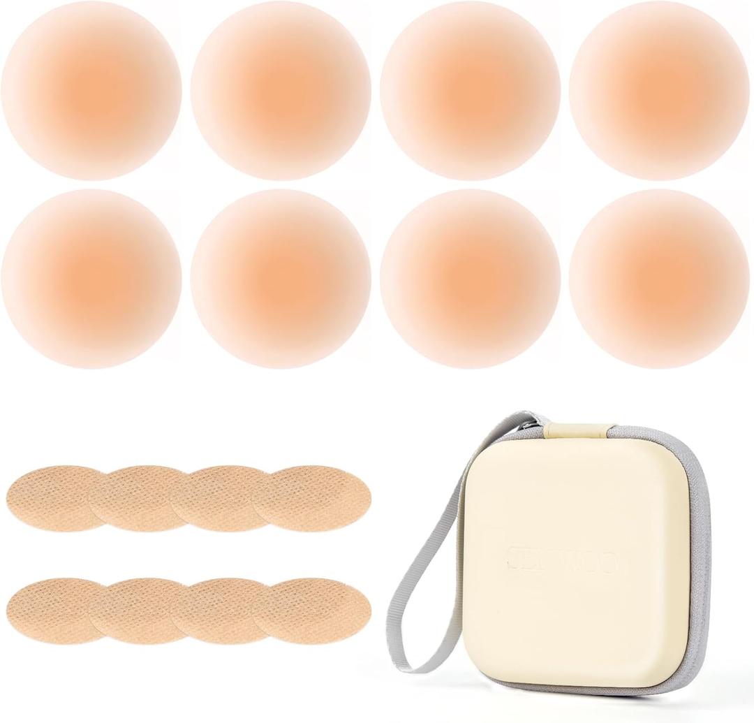 Nipple Covers for Women, Thin Adhesive Pasties Nipple Covers, Silicone Nipple Covers Reusable with Travel Case (Nude-4)