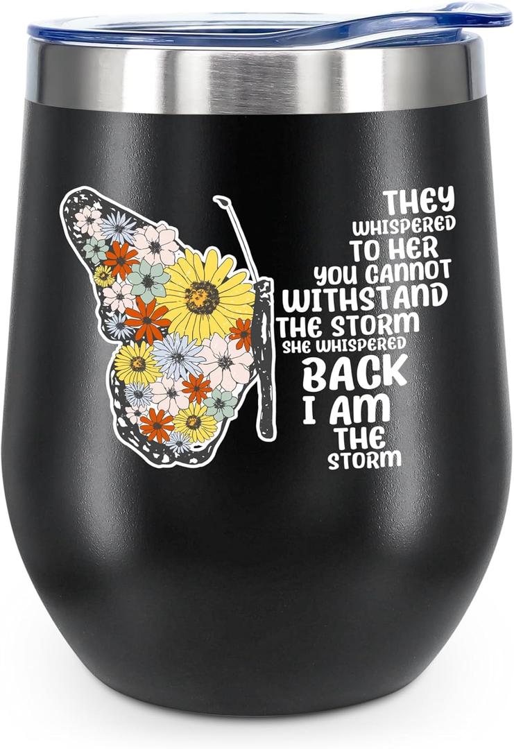 KAIRA Floral Butterfly 12oz Wine Tumbler with Lid, Inspirational Coffee Mug for Women, Stainless Steel Insulated Cup, Gift for Mom Sister Friend