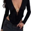 MakeMeChic Women's Y2k Deep V Neck Top Asymmetrical Cowl Neck Long Sleeve Going Out Tops T Shirt (Medium, Black)