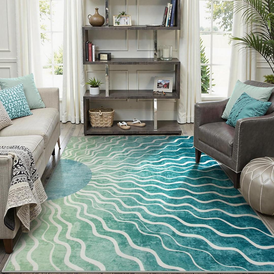Wonnitar Boho Sun Washable Area Rugs 5x7, Green Rugs for Living Room Dining Room, Non Slip Ultra Thin Modern Ombre Dark Green Carpet for Classroom Bedroom Playroom, Teal/Multi