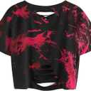 LilyCoco Women Criss Cross V Neck T Shirts Cut Out Tie Dye Short Sleeve Crop Tops Black X-Large