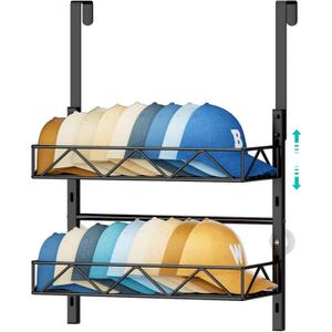 HapiRm Hat Organizer for Baseball Caps - 2 Tier Over the Door & Wall Mounted Hat Rack with 2 Adjustable Metal Basket, Storage Holds up to 20 Caps for Door, Bedroom, Closet (Black)