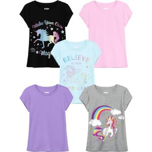 QWE 5 Pack Girls Shirts Cotton Short Sleeve Shirts for Girls Graphic Kids Tops Tees Clothes Summer T-Shirts, Medium