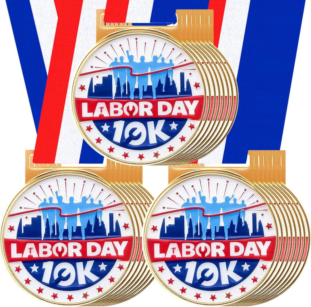 24 Pcs 10K Running Medals Bulk 2'' Race Medallion Trophy Award with Blue Whit Red Ribbons Labour Day Supplies for Race Walk Tournaments Match Sports Competition